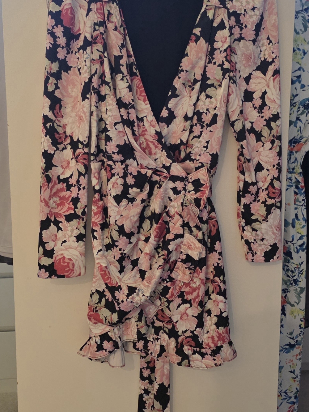 Bardot Black Mini Wrap Dress with Pink Floral Motif